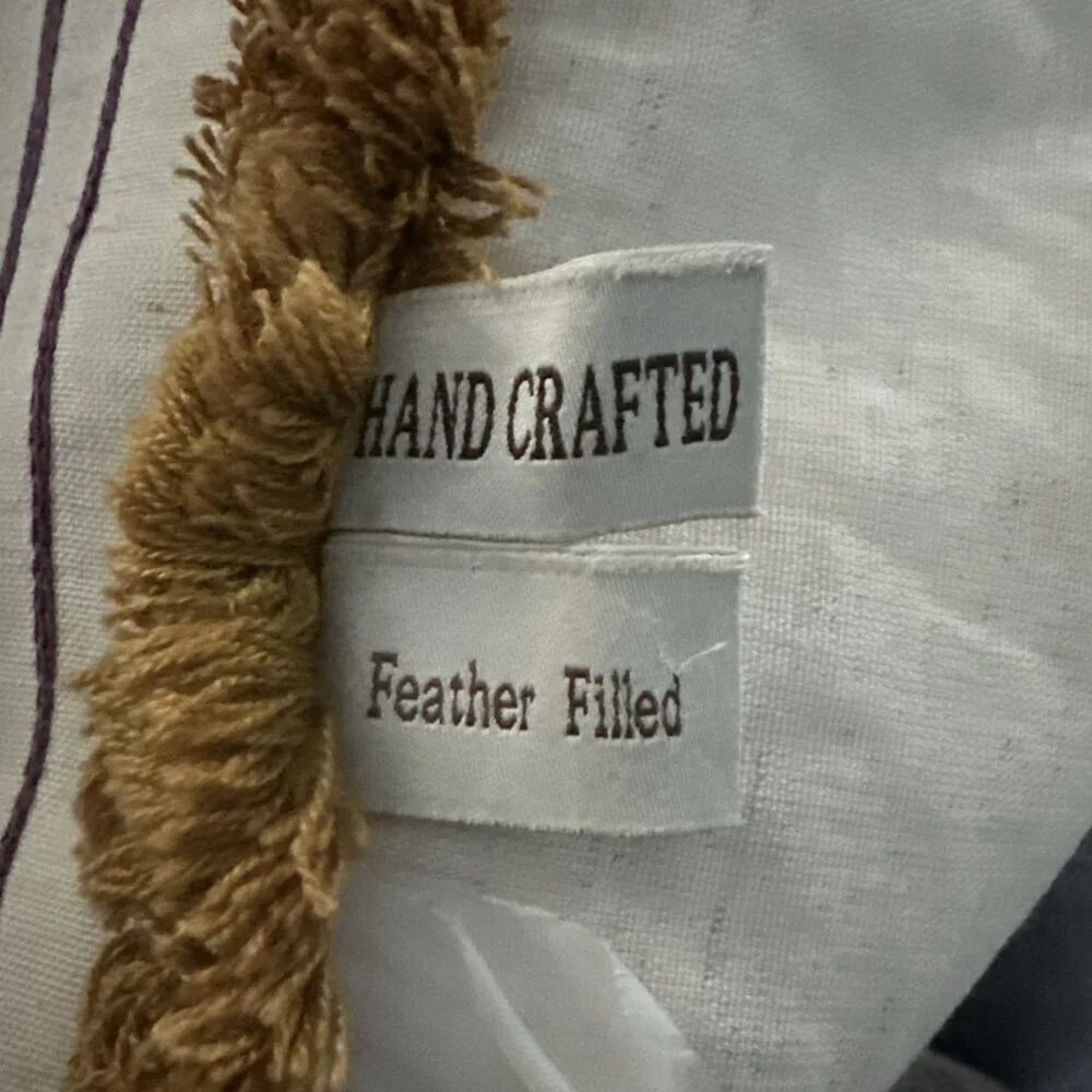 Vintage Hand Crafter Feather Filled Embroidered Pillow 25”x25” Boho Cottagecore